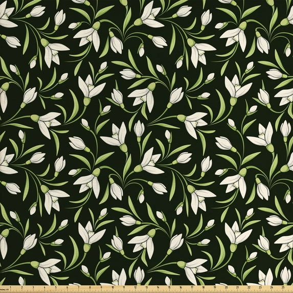 Ambesonne Garden Art Fabric by the Yard Upholstery, Snowdrop Flowers Pattern, 2 Yards, Dark Green Pale Green