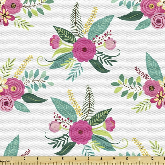 Garden Art Fabric by the Yard, Pattern with Vintage Elements as Rustic Hand-drawn Style First Spring Flowers, Decorative Upholstery Fabric for Sofas and Home Accents, 3 Yards, Multicolor by Ambesonne