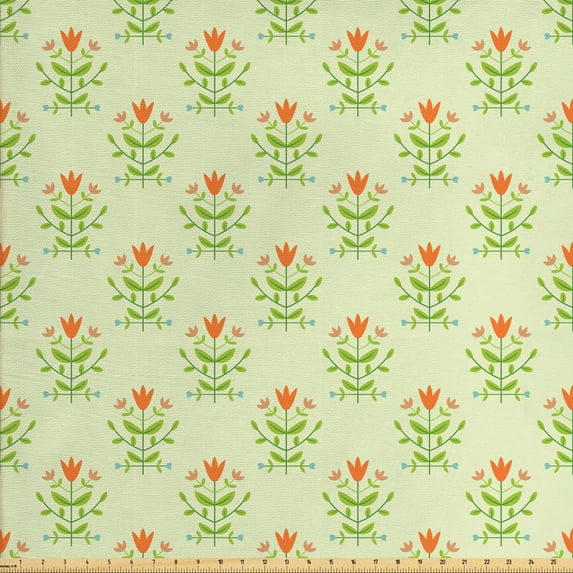 Garden Art Fabric by the Yard, Print of Floral Motif with Green Leaves and Orange Blooms, Decorative Upholstery Fabric for Sofas and Home Accents, Green Green by Ambesonne