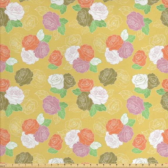 Garden Art Fabric by the Yard, Romantic Colorful Rose Blooms on Yellow Background Sketch Style Feminine Bouquet, Decorative Upholstery Fabric for Chairs & Home Accents, Multicolor by Ambesonne