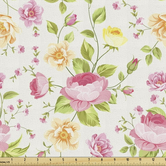 Ambesonne Garden Art Fabric by the Yard Upholstery, Thriving Peonies, 1 Yard, Multicolor