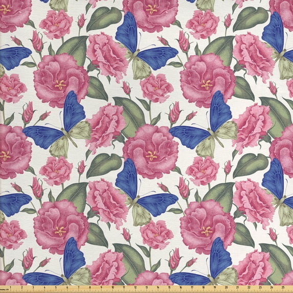 Ambesonne Garden Art Fabric by the Yard Upholstery, Butterflies Pink Flowers, 3 Yards, Multicolor
