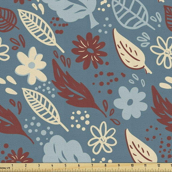 Garden Art Fabric by the Yard Upholstery, Retro Style Botanical Composition with Leaves Flowers and Dots, Decorative Fabric for DIY and Home Accents, Slate Blue Cream by Ambesonne