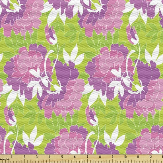 Garden Art Fabric by the Yard Upholstery, Romantic Floral Pattern with Peony Flourish Rustic, Decorative Fabric for DIY and Home Accents, Pink Lime Green by Ambesonne