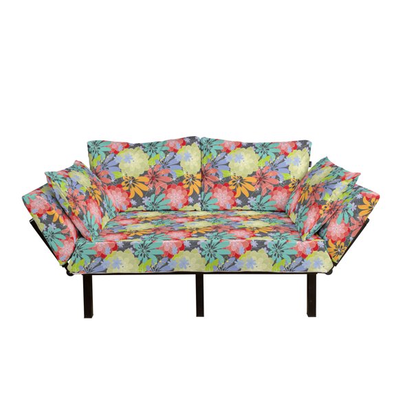 Garden Art Futon Couch, Abstract Romantic Bouquet of Doodle Style Flowers with Coming of the Spring, Daybed with Metal Frame Upholstered Sofa for Living Dorm, Loveseat, Multicolor, by Ambesonne