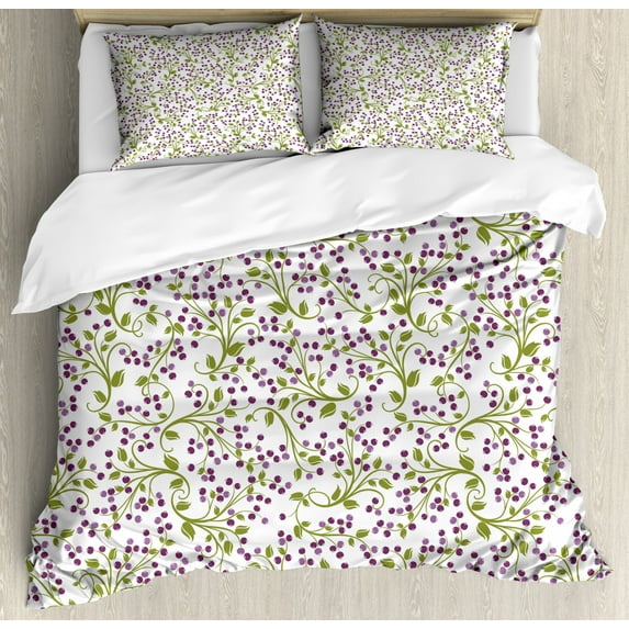 Garden Art King Size Duvet Cover Set, Swirling Green Twigs with Little Wild Berries Artistic Plants, Decorative 3 Piece Bedding Set with 2 Pillow Shams, Violet Lavander Olive Green, by Ambesonne