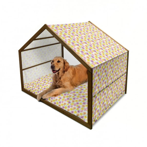 Garden Art Pet House, Dotted Background with Colorful Gerbera Daisies Gardening Themed Illustration, Outdoor & Indoor Portable Dog Kennel with Pillow and Cover, 5 Sizes, Multicolor, by Ambesonne
