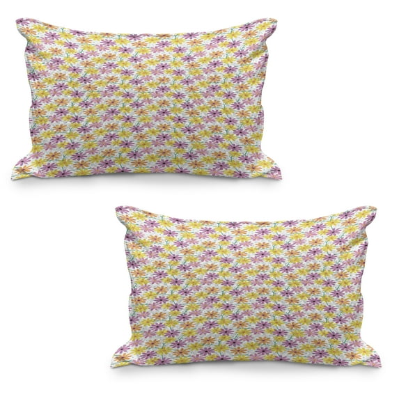Garden Art Quilted Pillowcover Set of 2, Dotted Background with Colorful Gerbera Daisies Gardening Themed Illustration, Standard Queen Size Pillow Cover Bedroom, 36" x 20", Multicolor, by Ambesonne