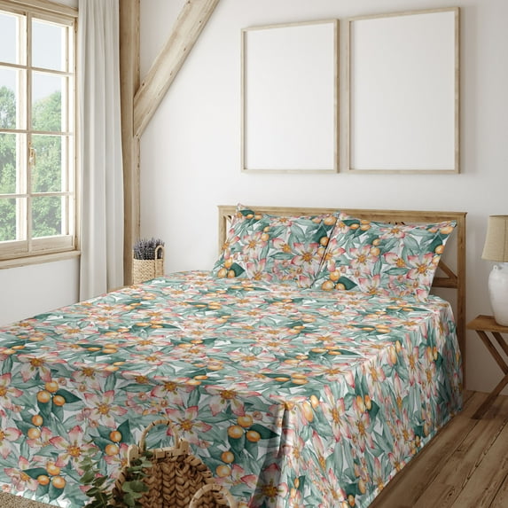 Ambesonne Garden Art Fitted & Flat Sheet with Shams 4 Pcs Set, Boho Watercolor Floral, Calking, Orange Coral Laurel Green