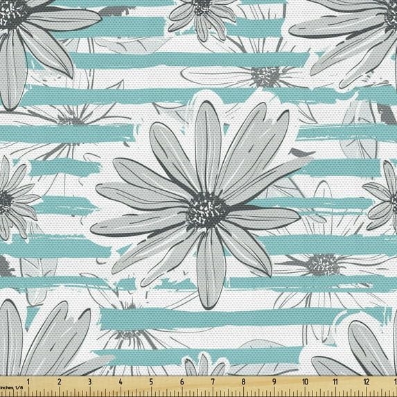 Garden Art Sofa Upholstery Fabric by the Yard, Blossoming Spring Flowers with Hand Drawn Horizontal Stripes Chamomiles, Decorative Fabric for DIY and Home Accents, Grey Pale Blue by Ambesonne