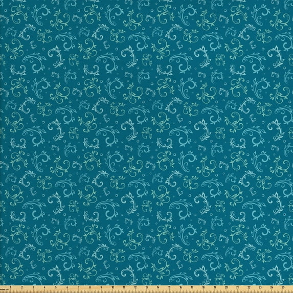 Ambesonne Garden Art Fabric by the Yard Upholstery, Curly Branches Bubbles, 2 Yards, Petrol Blue and Seafoam