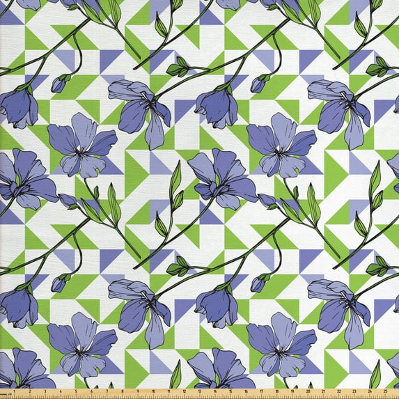 Garden Art Sofa Upholstery Fabric by the Yard, Geometric Shapes in Nature Tones with Blooming Blue Flax Flowers, Decorative Fabric for DIY and Home Accents, Ceil Blue Green by Ambesonne