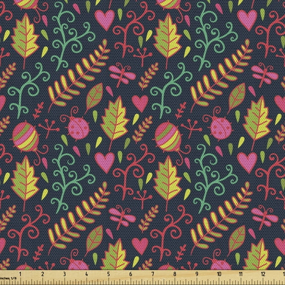 Ambesonne Garden Fabric by the Yard Upholstery, Summer Foliage Hearts, 1 Yard, Multicolor