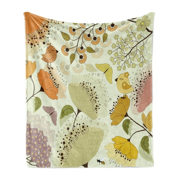 Garden Art Soft Flannel Fleece Blanket, Reviving Nature Composition with Flowers Birds and Butterflies Cheerful Spring, Cozy Plush for Indoor and Outdoor Use, 70" x 90", Multicolor, by Ambesonne