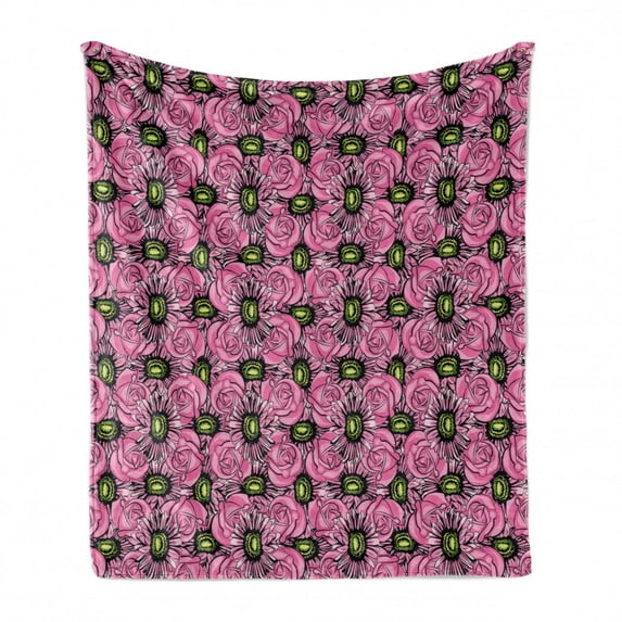 Garden Art Soft Flannel Fleece Blanket, Roses and Gerbera Flowers Pattern Illustration with Botanical Inspirations, Cozy Plush for Indoor and Outdoor Use, 50" x 70", Pink Pale Green, by Ambesonne