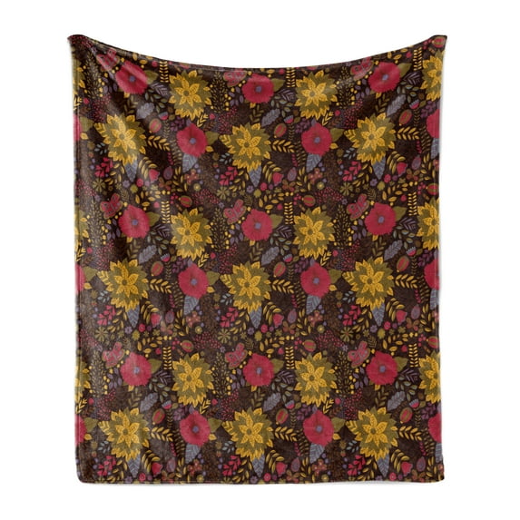 Garden Art Soft Flannel Fleece Throw Blanket, Botany Inspired Illustration with Flourishing Nature Butterflies and Ladybugs, Cozy Plush for Indoor and Outdoor Use, 50" x 70", Multicolor, by Ambesonne