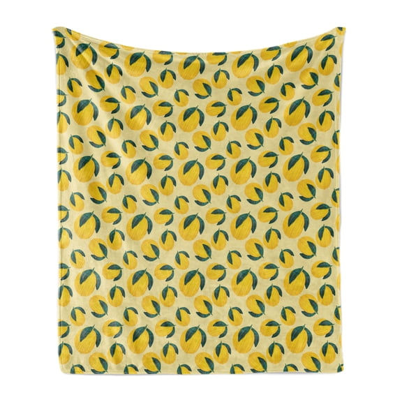 Garden Art Soft Flannel Fleece Throw Blanket, Close Up Graphic Lemon Images with Leaves Sour Organic Foods, Cozy Plush for Indoor and Outdoor Use, 60" x 80", Jade Green Mustard, by Ambesonne