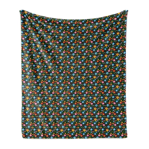 Garden Art Soft Flannel Fleece Throw Blanket, Colorful Floral Arrangement of Blossoming Petals Traditional Russian Pattern, Cozy Plush for Indoor and Outdoor Use, 70" x 90", Multicolor, by Ambesonne