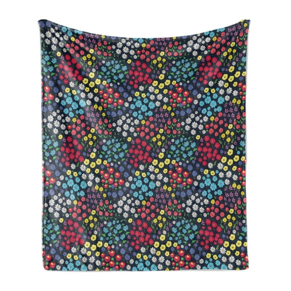 Garden Art Soft Flannel Fleece Throw Blanket, Field in Full Blossom Various Different Flowers and Herbs Spring Day Fantasy, Cozy Plush for Indoor and Outdoor Use, 50" x 70", Multicolor, by Ambesonne
