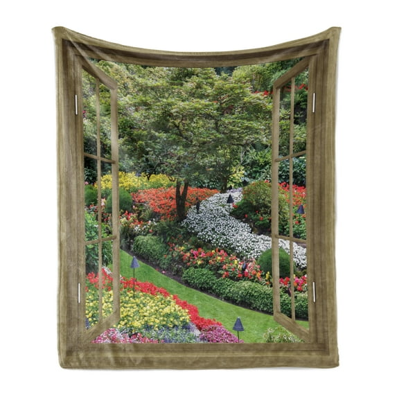 Garden Art Soft Flannel Fleece Throw Blanket, Nature Outdoorsy Picture Colorful Flowers and Trees Through Wooden Window, Cozy Plush for Indoor and Outdoor Use, 50" x 60", Multicolor, by Ambesonne