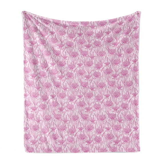 Garden Art Soft Flannel Fleece Throw Blanket, Pastel Colored Line Art Pattern Flourishing Wildflowers with Foliage, Cozy Plush for Indoor and Outdoor Use, 50" x 60", Pink and Pale Pink, by Ambesonne
