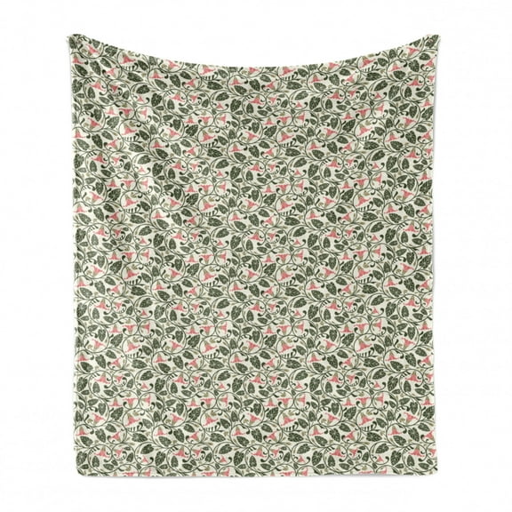 Garden Art Soft Flannel Fleece Throw Blanket, Retro Scroll Style Pattern with Pink Bindweed Blossoms and Dark Green Leaves, Cozy Plush for Indoor and Outdoor Use, 50" x 70", Multicolor, by Ambesonne
