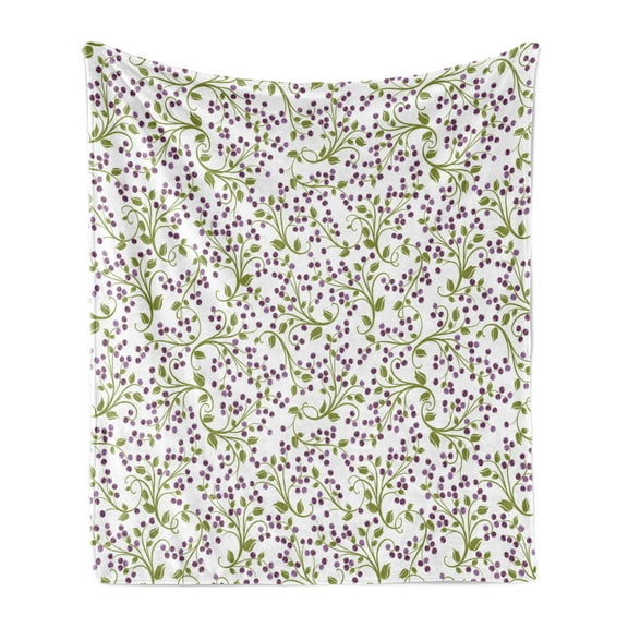 Garden Art Soft Flannel Fleece Throw Blanket, Swirling Green Twigs with Little Wild Berries Plants, Cozy Plush for Indoor and Outdoor Use, 50" x 60", Olive Green Lavender, by Ambesonne