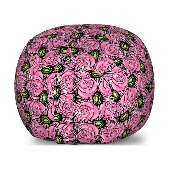 Garden Art Storage Toy Bag Chair, Roses and Gerbera Flowers Pattern Illustration with Botanical Inspirations, Stuffed Animal Organizer Washable Bag, Large Size, Pink Pale Green, by Ambesonne