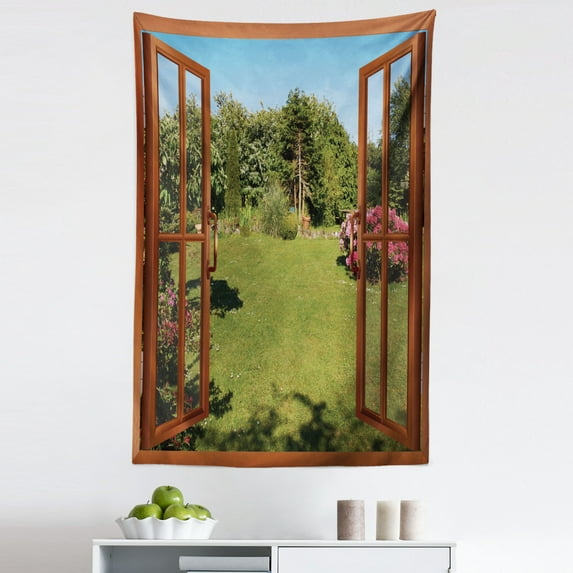 Garden Art Tapestry, Digitally Illustrated Window to Floral Spring Backyard Nature Beauty, Fabric Wall Hanging Decor for Bedroom Living Room Dorm, 5 Sizes, Olive Green Redwood, by Ambesonne
