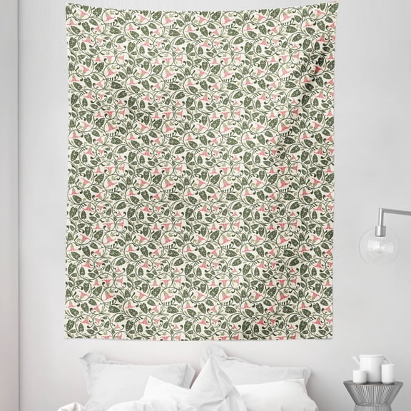 Garden Art Tapestry, Retro Scroll Style Pattern with Pink Bindweed Blossoms and Dark Green Leaves, Fabric Wall Hanging Decor for Bedroom Living Room Dorm, 5 Sizes, Multicolor, by Ambesonne