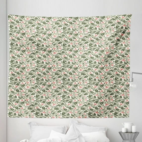 Garden Art Tapestry, Retro Scroll Style Pattern with Pink Bindweed Blossoms and Dark Green Leaves, Fabric Wall Hanging Decor for Bedroom Living Room Dorm, 5 Sizes, Multicolor, by Ambesonne