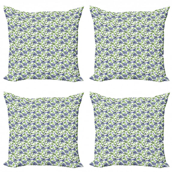 Garden Art Throw Pillow Cushion Case Pack of 4, Geometric Shapes in Nature Tones with Blooming Blue Flax Flowers, Modern Accent Double-Sided Print, 4 Sizes, Ceil Blue Green, by Ambesonne