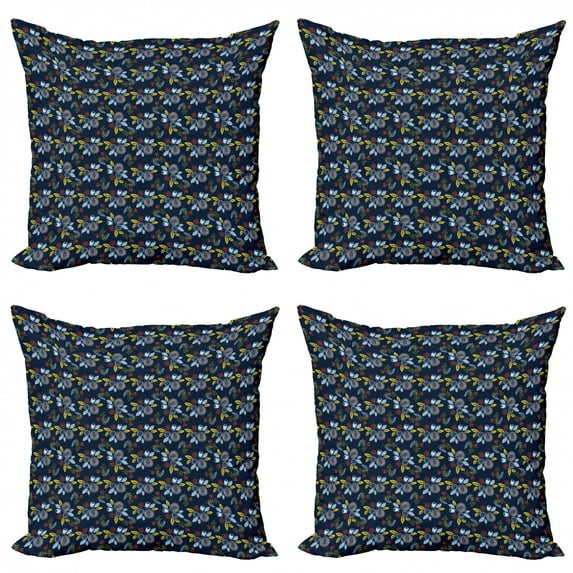 Garden Art Throw Pillow Cushion Case Pack of 4, Nature Inspired Hand Drawn Style Bouquets of Flowers Flying Birds on Dark Blue, Modern Accent Double-Sided Print, 4 Sizes, Multicolor, by Ambesonne