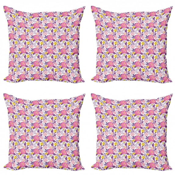Ambesonne Garden Art Throw Pillow Cover 4 Pack, Delicate Blossoms, 24", Multicolor