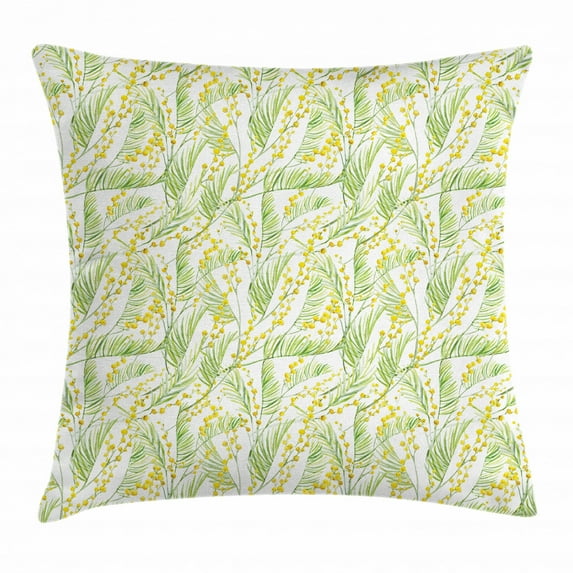 Garden Art Throw Pillow Cushion Cover, Watercolor Mimosa Pattern Wild Spring Flowers Brush Strokes Effect, Decorative Square Accent Pillow Case, 24 X 24 Inches, Apple Green and Yellow, by Ambesonne