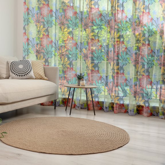 Garden Art Tulle Curtains with Rod Pocket, Abstract Romantic Bouquet of Doodle Style Flowers with Coming of the Spring, Sheer Drape for Wedding Party 2 Panels, 7 Sizes, Multicolor, by Ambesonne