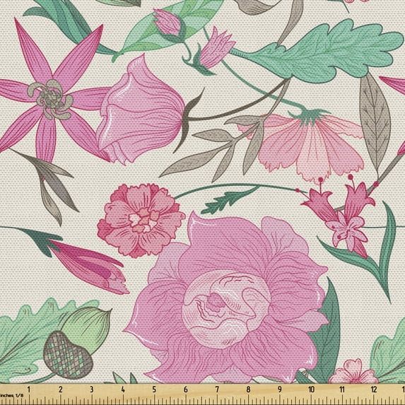 Ambesonne Garden Art Fabric by the Yard Upholstery, Vintage Nature in Bloom, 1 Yard, Mint Green Pale Pink