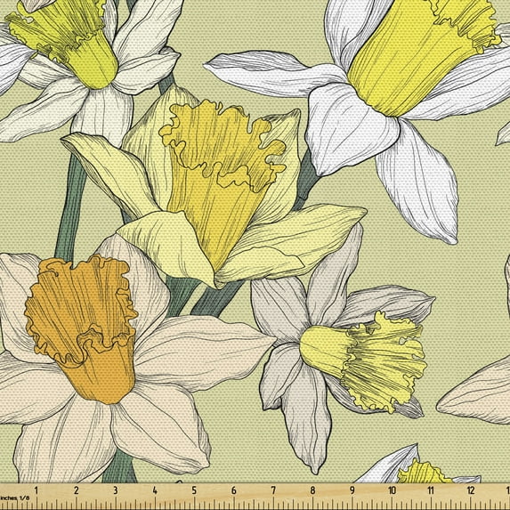 Garden Art Upholstery Fabric by the Yard, Narcissus Flowers Bouquet Colorful Jonquil Blooms Hand Drawn Spring Pattern, Decorative Fabric for DIY and Home Accents, Multicolor by Ambesonne