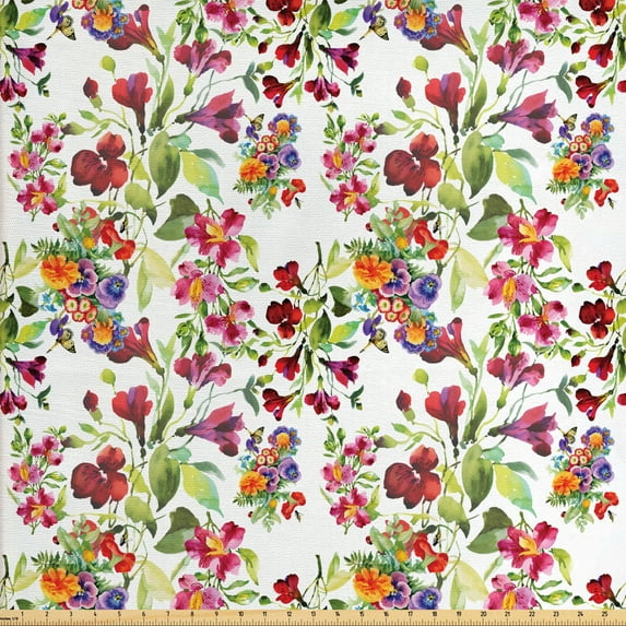 Ambesonne Garden Art Fabric by the Yard Upholstery, Seasonal Flowers, 2 Yards, Multicolor