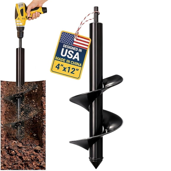 Garden Auger Drill Bit for Planting – 4 x 12 Inch - Umbrellas and Fences Auger Post Hole Digger for Gardening and Spiral Bulb Planter Tool – 3/8 Inch Hex Drive Compatible