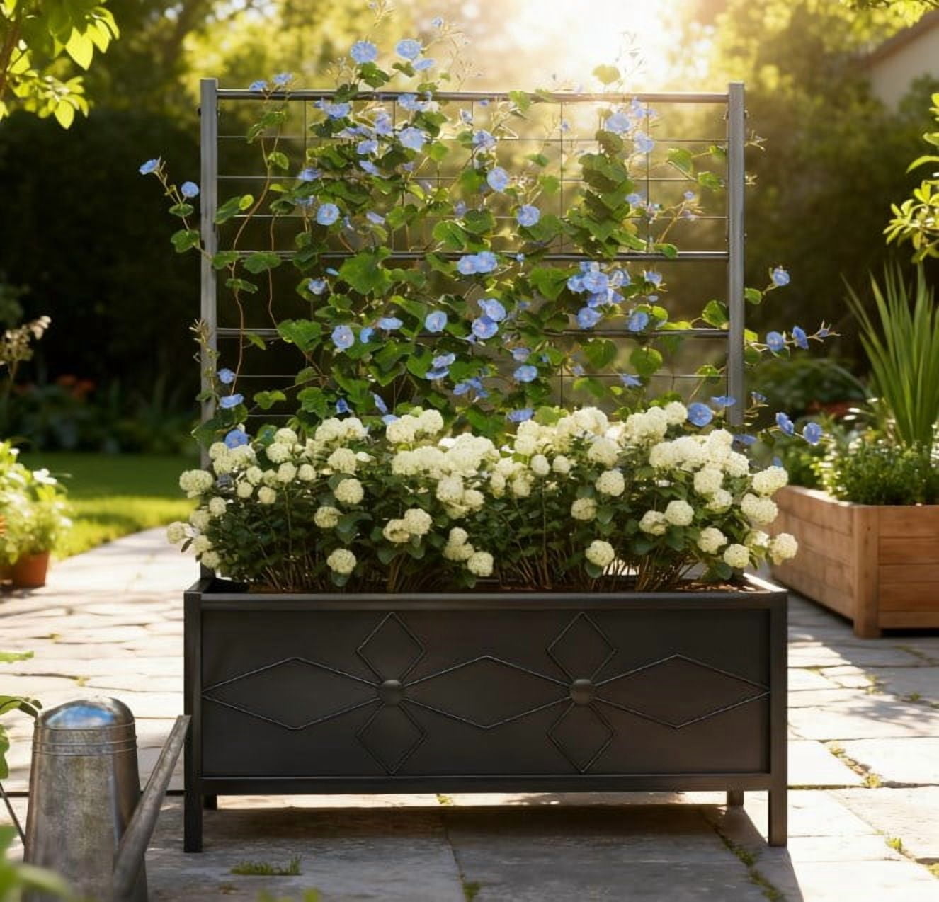 Garden Bed, Outdoor Planter Box Galvanized Raised Garden Bed with Trellis for Climbing Vines