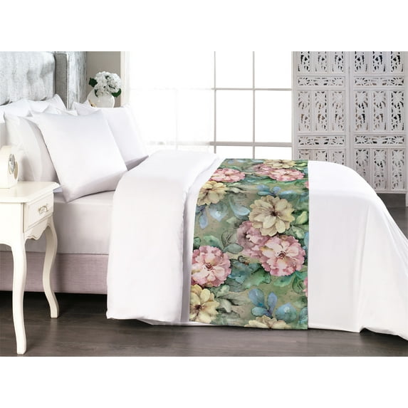Garden Bed Runner, Beige and Pink Colored Flowers with Green Leaves in Watercolor Painting Art, Decorative Accent Bedding Scarf for Hotels Homes & Guest Rooms, Queen, Tan and Multicolor, by Ambesonne