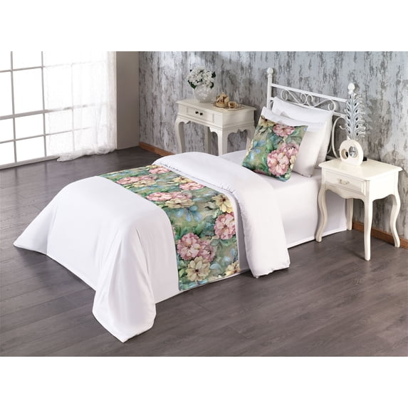 Garden Bed Runner Set, Beige and Pink Colored Flowers with Green Leaves in Watercolor Painting Art, Decorative Bedding Scarf & a Pillow Sham for Hotels Homes, Twin, Tan and Multicolor, by Ambesonne