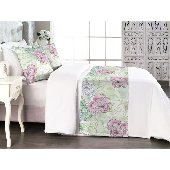 Garden Bed Runner Set, Simplistic Peony Flowers Leaves Illustration in Hand-Drawn Style, Decorative Bedding Scarf & 2 Pillow Shams for Hotels Homes, King, Soft Pink and Almond Green, by Ambesonne