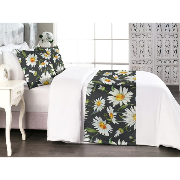 Garden Bed Runner Set, Vintage Watercolor Style Sunflowers and Leaves Illustrations Art, Decorative Bedding Scarf & 2 Pillow Shams for Hotels Homes, King, Burnt Orange and Olive Green, by Ambesonne