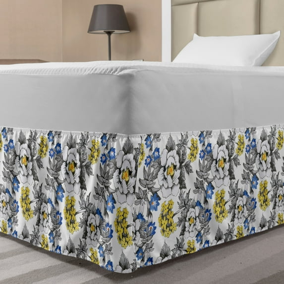 Garden Bed Skirt, Romantic Peony Hydrangea and Blue Violet Blossoms in Sketch Art Style, Elastic Bedskirt Dust Ruffle Wrap Around for Bedding Decor, 4 Sizes, Dark Grey Yellow, by Ambesonne