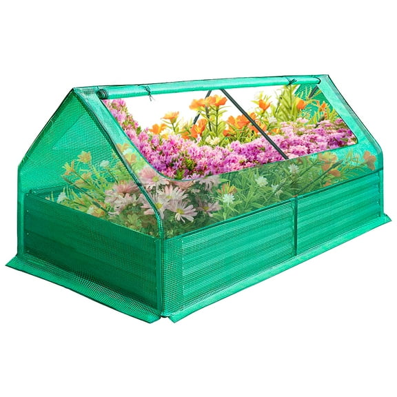 Garden Bed With Cover Metal Planter Box Kit, Greenhouse for Protecting Plant Growth with 2 Zippers Windows & Open-Ended Base