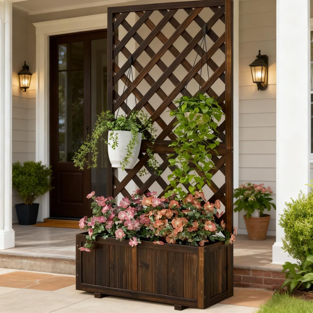 Garden Bed, Wooden Raised Garden Bed Planting Planter Box with Trellis and Drain Holes for Climbing Vine Plants