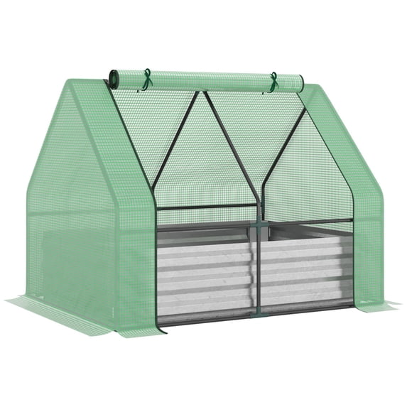 Garden Bed with Mini Greenhouse Cover, Outdoor Metal Planter Box with 2 Roll-Up Windows