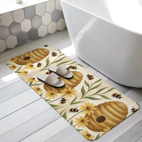 Garden Bees Bathroom Runner Rugs Non Slip Washable Absorbent Narrow Long Bath Mat Farmhouse Honeybees Yellow Daisy Runner Rugs for Kitchen Hallway Bedroom Laundry Study Room 31.5"x63"